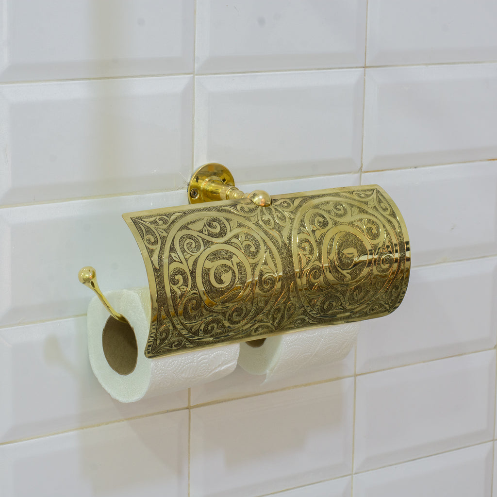 Porte-Papier Toilette Double avec Couvercle en Laiton Gravé