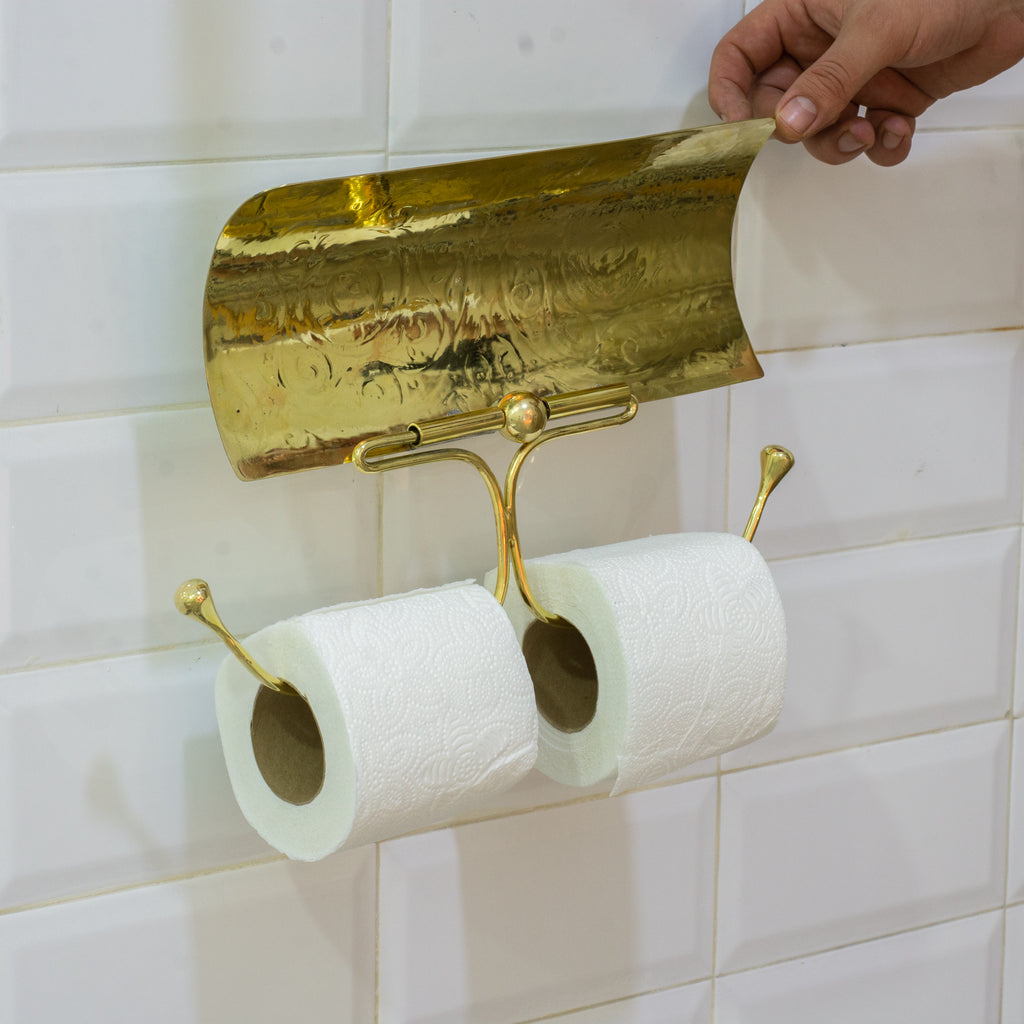 Porte-Papier Toilette Double avec Couvercle en Laiton Gravé