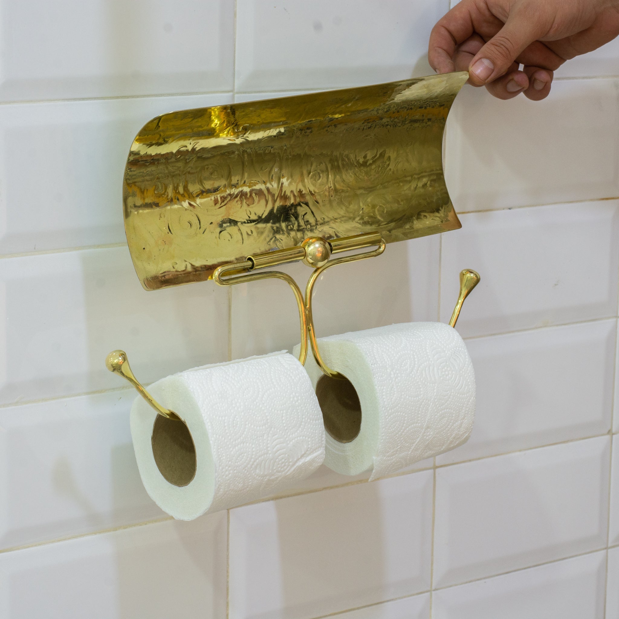 Porte - Papier Toilette Double avec Couvercle en Laiton Gravé - Mecaf